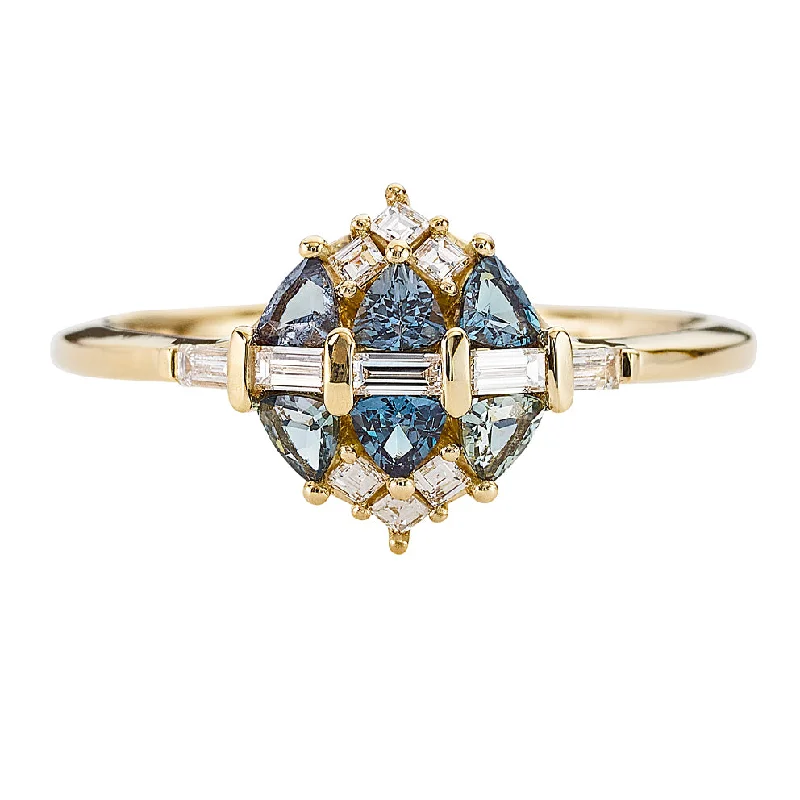 Vintage - Inspired Engagement Rings with Filigree Work and Emerald - Cut Center StoneTeal Sapphire and Diamond Cluster Engagement Ring