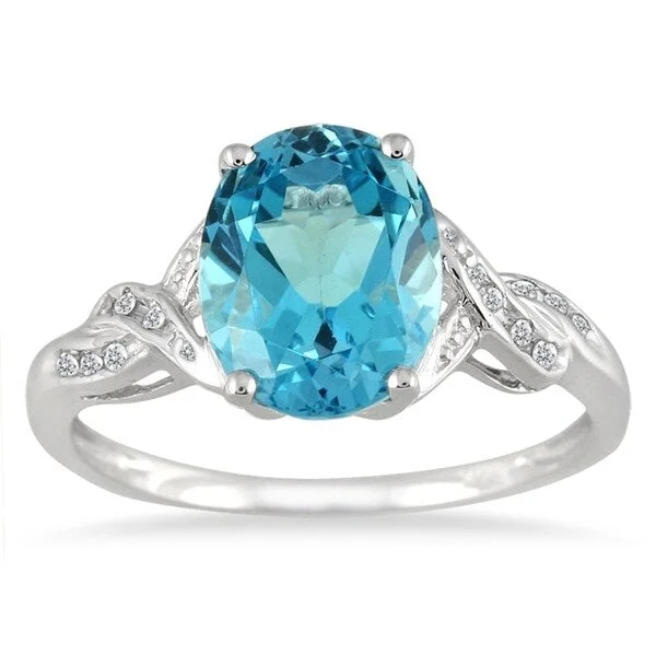 Agate Gemstone Rings in Sterling Silver with a Mosaic - Inspired Inlay for a Bohemian Style2.30 Carat Oval Blue Topaz and Diamond Ring in 10K White Gold