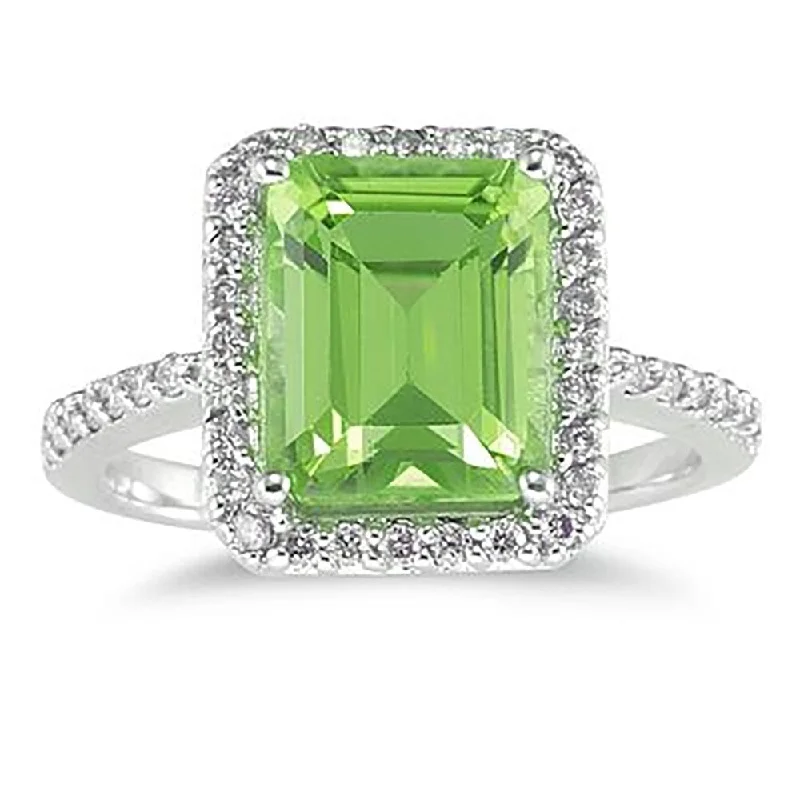 Opal Gemstone Rings in Rose Gold with a Milgrain Edge for a Feminine and Romantic Style4 1/2 Carat Emerald Cut Peridot and Diamond Ring 14K White Gold