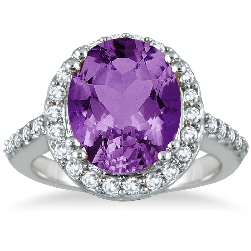 Alexandrite Gemstone Rings in Platinum with a Hidden Halo for a Rare and Luxurious Piece5 Carat Amethyst and Diamond Halo Ring in 14K White Gold