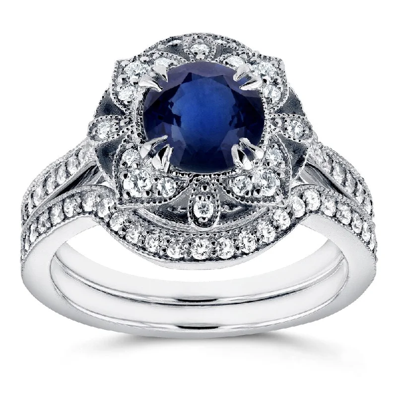 Sapphire Gemstone Rings in 18K White Gold with Diamond Accents for an Elegant EngagementAnnello by Kobelli 14k White Gold 1 3/4ct TCW Sapphire and Diamond 2-Piece Floral Antique Bridal Set