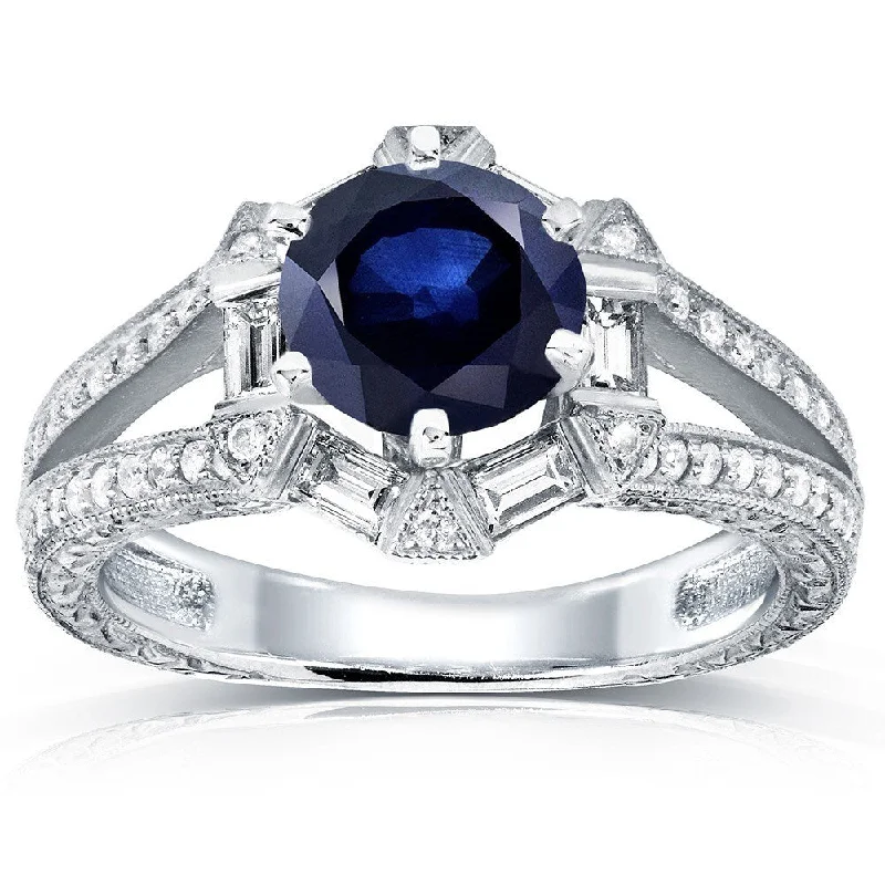 Emerald Gemstone Rings Set in Platinum with Filigree Work for a Vintage - Inspired LookAnnello by Kobelli 14k White Gold Blue Sapphire and 1/2ct TDW Diamond Art Deco Ring (G-H,