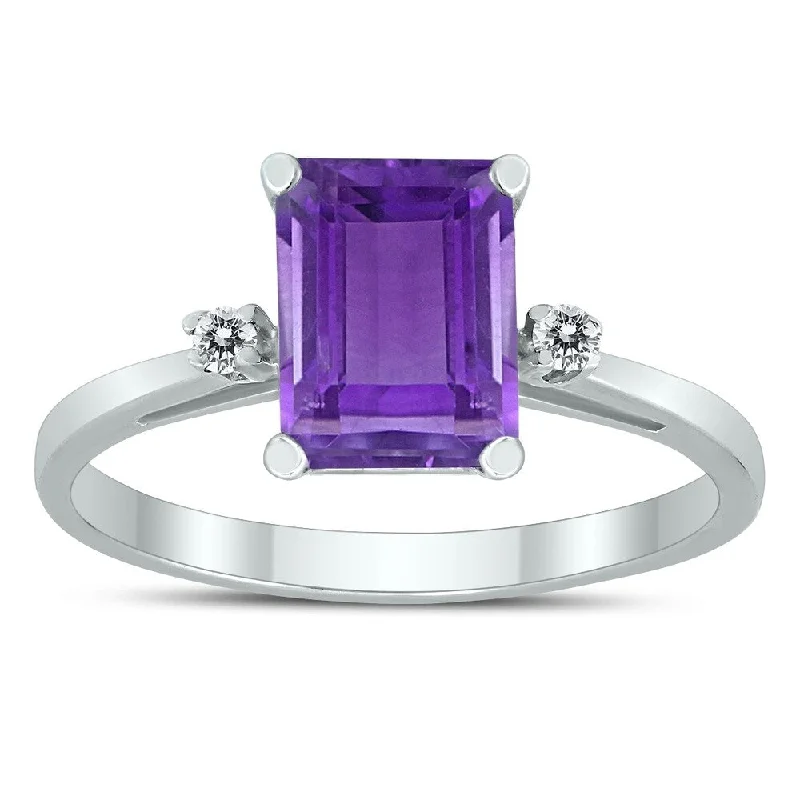 Aquamarine Gemstone Rings in 9K Gold with a Bezel Setting for a Modern and Secure FitEmerald Cut 8X6MM Amethyst and Diamond Three Stone Ring in 10K White Gold