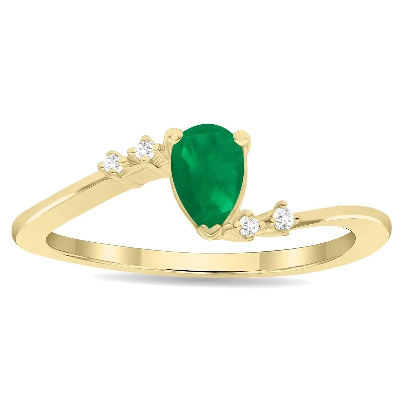 Aquamarine Gemstone Rings in 9K Gold with a Bezel Setting for a Modern and Secure FitWomen's Pear Shaped Emerald and Diamond Wave Ring in 10K Yellow Gold