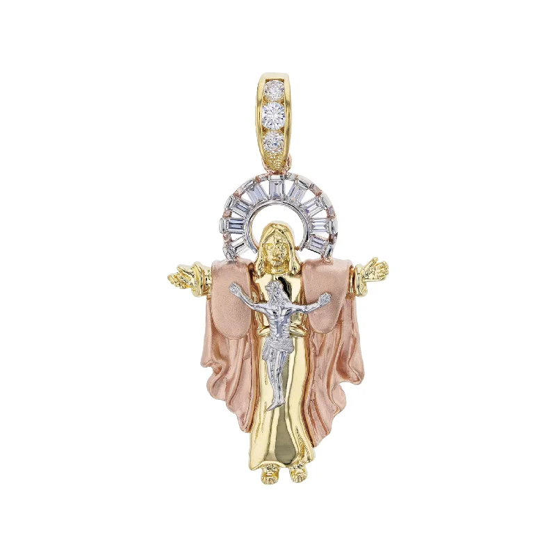 Rhinestone - Encrusted Crown Pendant for Little Girls' Dress - UpTri-Color Open Arm Jesus Crucified Pendant (14K)