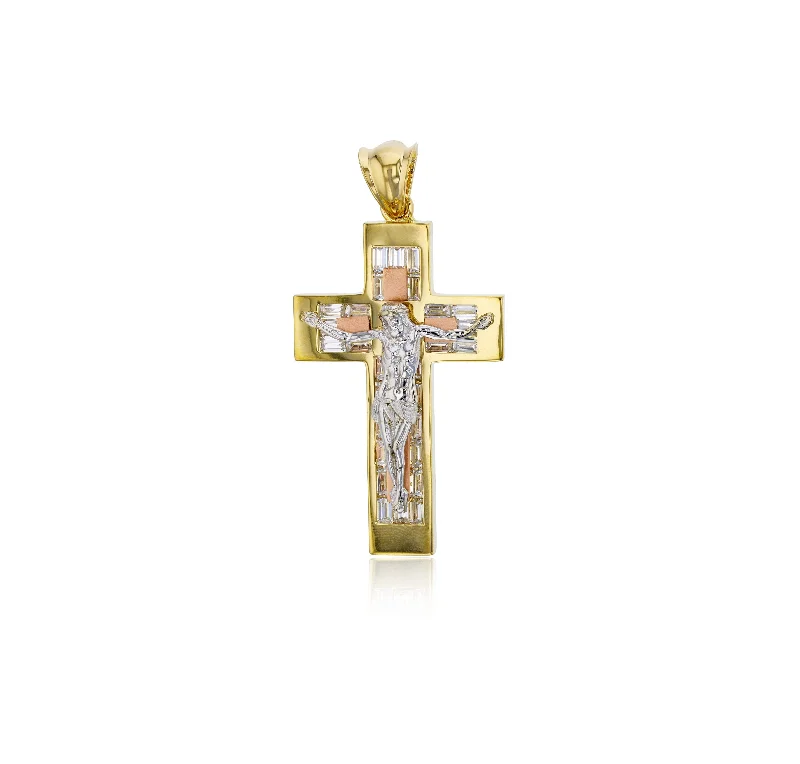 Magnetic - Locking Pendant with Hidden Compartment for Secret MessagesTricolor Baguette CZ Jesus Cross Pendant (14K)