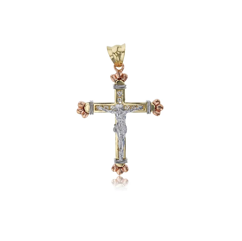 Handmade Leather - Wrapped Crystal Pendant for a Bohemian AestheticTricolor Jesus Cross Pendant (14K)