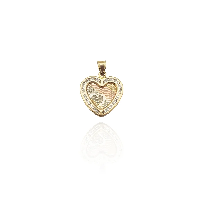 Double - Heart Pendant with Interlocking Design for Couples"I Love You" Crest Imprint Heart Pendant (14K)